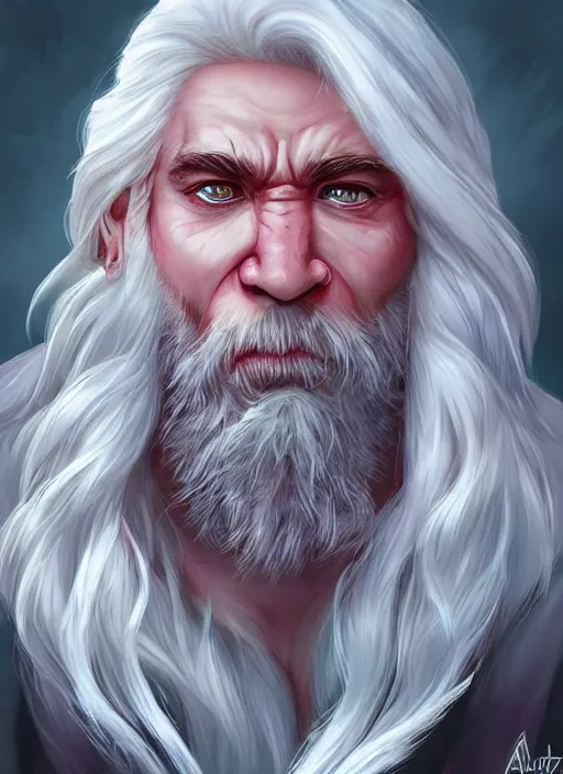 Image similar to dwarf with white hair, red iris, long beard, pale snow white skin, full body character portrait, colorful, highly detailed, digital art by artgerm