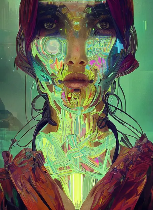 Prompt: double exposure of a beautiful portrait painting of a ( cyberpunk ) beautiful nordic girl by simon stalenhag and pascal blanche and alphonse mucha!! and nekro!. in style of digital art. colorful comic, film noirs, symmetry, vibrating colors, hyper detailed. octane render. trending on artstation