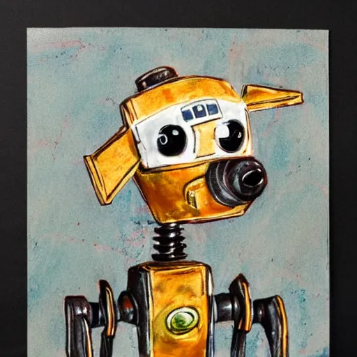 Prompt: a detailed painting of a cute retro robot dog made of alcohol ink on parchment, muted colors