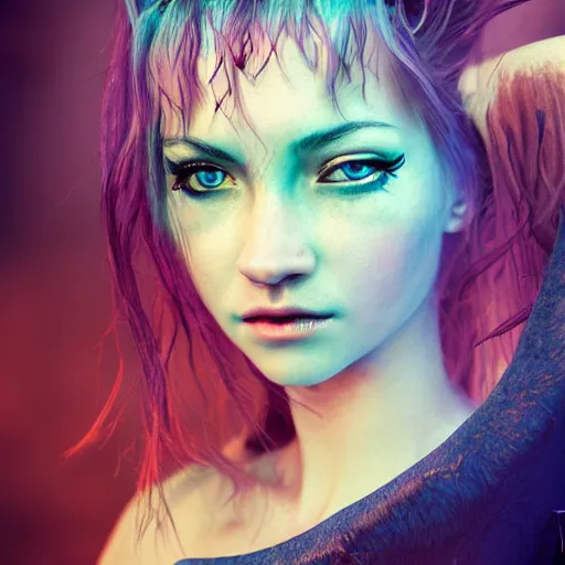 Prompt: beautiful portrait of young girl half dragon half human, dragon girl, dragon skin, dragon eyes, dragon crown, blue hair, long hair, highly detailed, cinematic lighting, by David Lynch