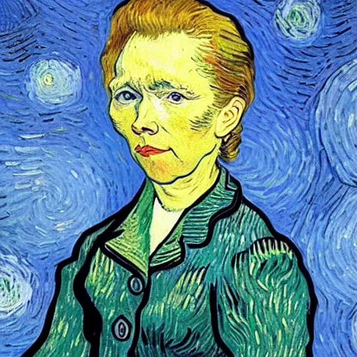 Image similar to van gogh painting of a sad hillary clinton standing in a flower field sunny