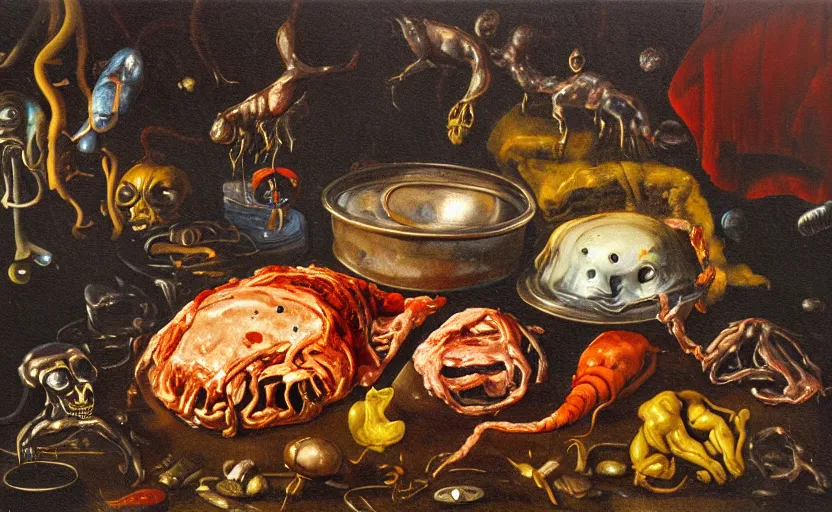 Image similar to disturbing colorful oil painting dutch golden age vanitas still life sparse composition with bizarre objects strange gooey transparent surfaces shiny metal reflections bizarre mutant meat insects rachel ruysch dali todd schorr very detailed perfect composition rule of thirds masterpiece canon 5 0 mm, cinematic lighting, photography, retro, film, kodachrome