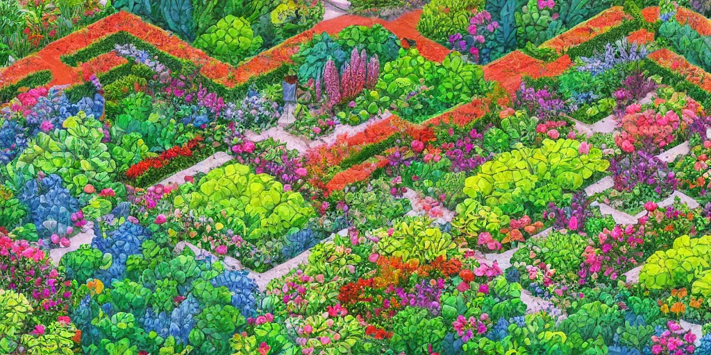 Prompt: an illustration of a beautiful garden, isometric view, painted