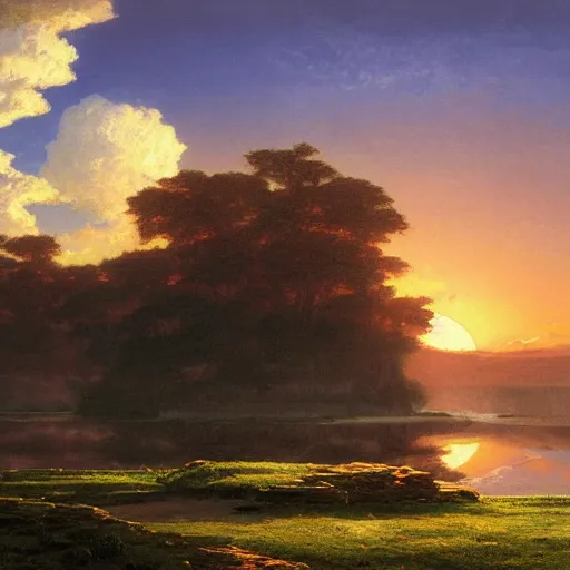 Image similar to a sunset by frederick waugh, cinematic angle, studio Ghibli and Thomas Cole vibe, bold, beautiful composition, intricate, digital art, detailed oil painting, hyperrealistic, sharp focus, 8k