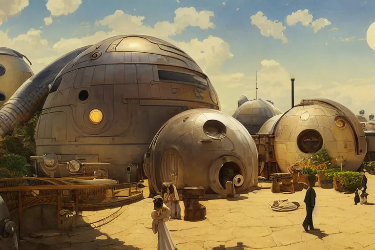 Prompt: a beautiful science fiction factory with spherical design by starwars and army in a village with curved tiny houses in the french countryside during spring season, highly detailed painting by studio ghibli hd and louis remy mignot hd and leyendecker, nice afternoon lighting, smooth tiny details, soft and clear shadows, low contrast, perfect