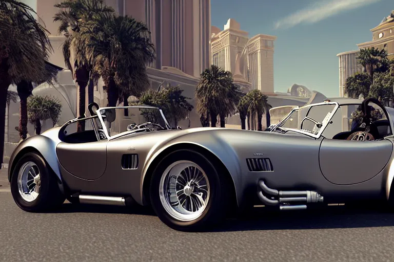 Prompt: a wholesome animation key shot of!! one!! focused!! ac cobra!! in shiny stainless steel, in a las vegas street, medium shot, studio ghibli, pixar and ( disney ) animation, sharp, very detailed, high resolution, rendered in unreal engine 5, anime key art by greg rutkowski, bloom, dramatic lighting