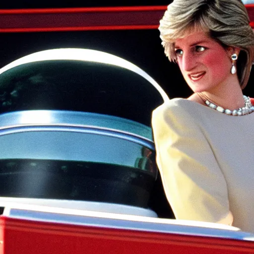 Prompt: princess diana being beamed up to a UFO