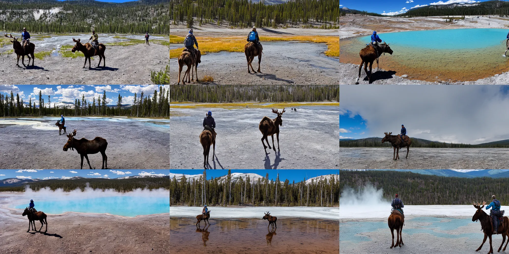 Image similar to hiker riding moose in yellowstone with prismatic spring in background