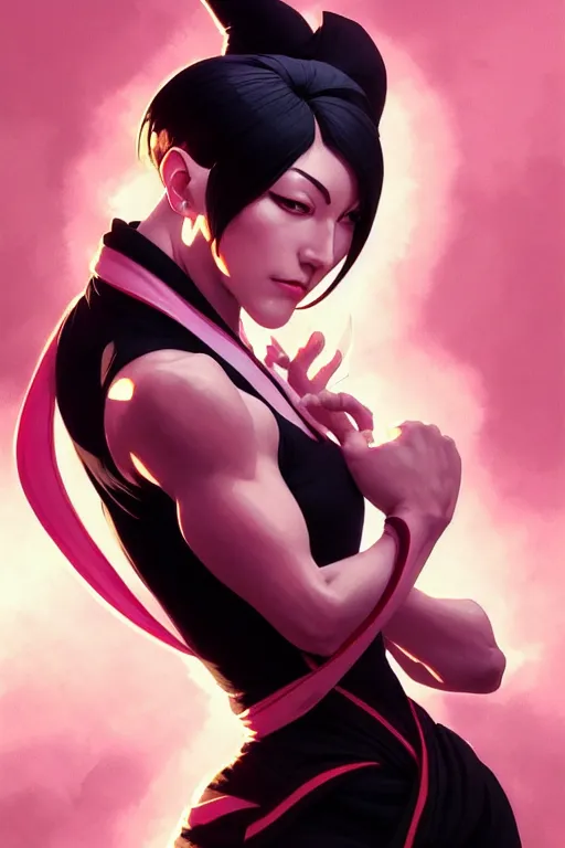 Image similar to Juri Han from street fighter, intricate, elegant, dynamic pose, highly detailed, digital painting, artstation, concept art, matte, sharp focus, illustration, art by Artgerm and Greg Rutkowski and Alphonse Mucha