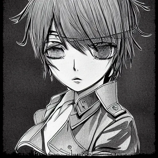 Image similar to manga style, black and white, intricate line art, portrait of a girl, shoulder eyes, trench and sandbags in background, soldier clothing, short hair, hair down, symmetrical facial features, round face, draw on paper, detailed drawing, by ito junji