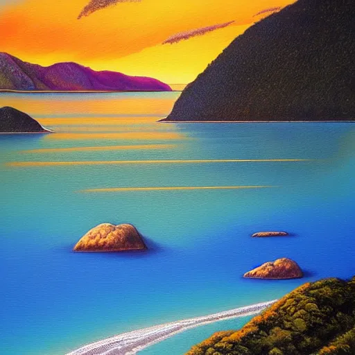 Image similar to golden bay abel tasman new zealand, highly detailed, highly detailed fantasy ethereal surrealist art