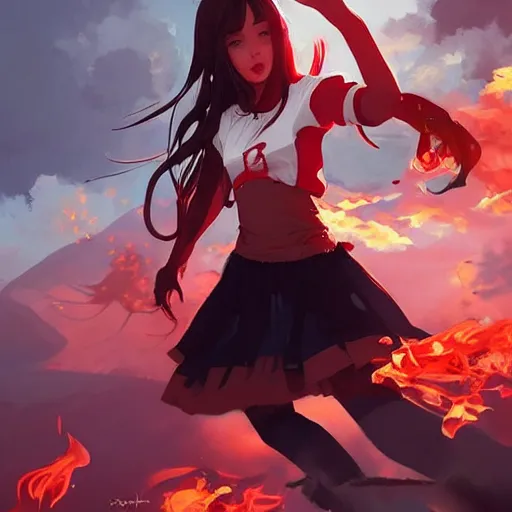 Prompt: Full body, splash art by WLOP, Ilya kuvshinov, Krenz Cushart, and Greg Rutkowski, trending on artstation. Realistic fantasy Native Indian young girl with dark skin and silky black hair, wearing a red-sleeved white t-shirt with jeans, she has fire powers, her hair is made out of astonishing fire flames, wide panorama of a Cinematic dramatic atmosphere of a mystic dense forest, full of foliage, sharp focus, soft volumetric studio lighting