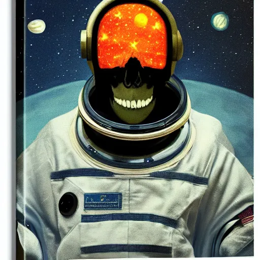 Prompt: a portrait of an astronaut, his head is a skull, it is night and the sky is covered in stars, dramatic and cinematic lights, in the style of edward hopper, 4 k,