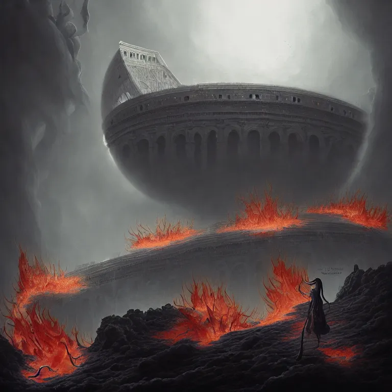 Prompt: one lone singular swirling otherworldly demonic figure shrouded in flames emerges from extensive barren grey charcoal volcanic, flames, matte painting by peter mohrbacher and filip hodas, background colosseum!, godrays, high contrast, highly detailed