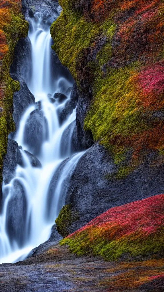 Prompt: highly detailed hd photo art of colorful waterfall from ice mountains in the style of Greg Rutswoski, wide angle shot, concept art, 8K detail post-processing
