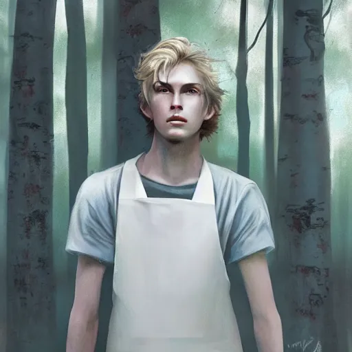 Image similar to a tall figure standing in the aspen forest, !dream portrait of a feminine boy with curly shoulder length dirty blond hair, wearing a white t shirt and black work apron, dramatic lighting, illustration by Greg rutkowski, yoji shinkawa, 4k, digital art, concept art, trending on artstation