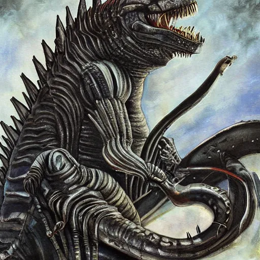 Image similar to godzilla xenomorph, hr giger painting