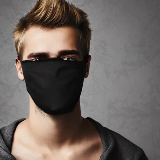 Prompt: professional digital art of a cute young adult man with blonde messy hair and wide eyes wearing a black face mask and a dark sweatshirt, high quality, HD, 8K, highly detailed, award-winning