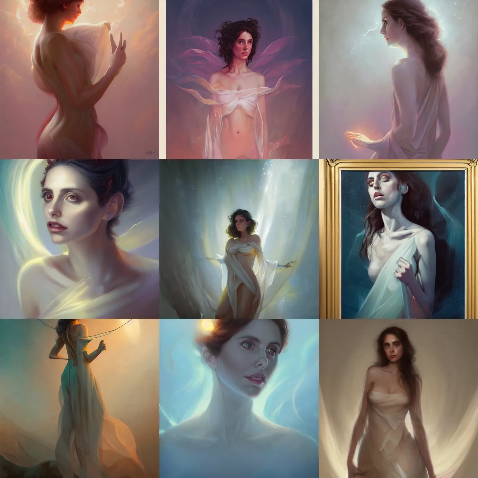 Prompt: portrait of alison brie concept art draped in light fabric ethereal delicate soft lighting, by peter mohrbacher