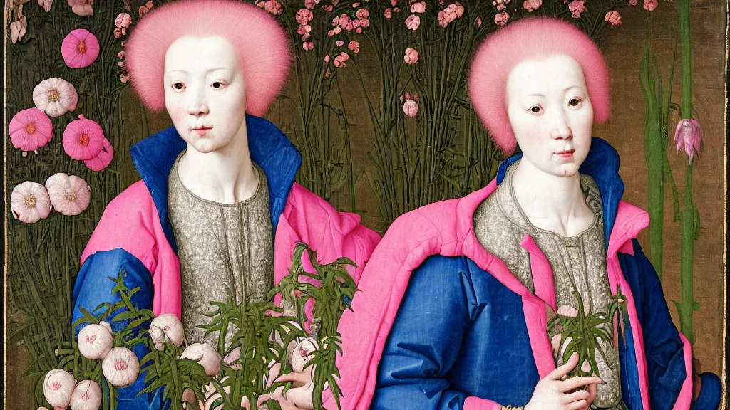 Image similar to portrait of a woman with pink hair, wearing a blue puffer jacket and baggy jeans, standing in a room full of plants and flowers, white background, intricate details, high detail, in the style of rogier van der weyden and jacopo da pontormo, punk, asian art,