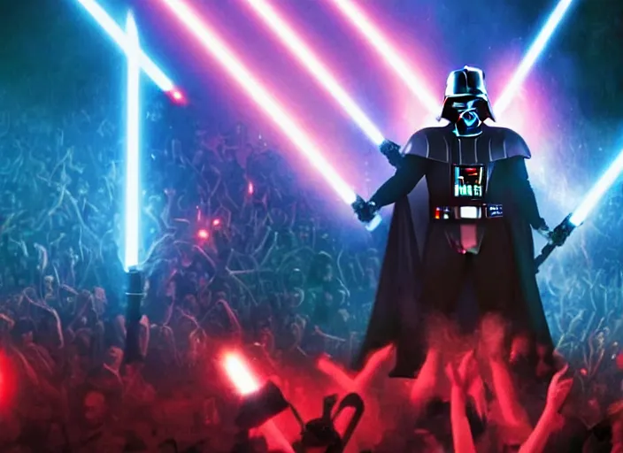 Image similar to film still of Darth Vader goes to a rave in the new Star Wars movie, 4k