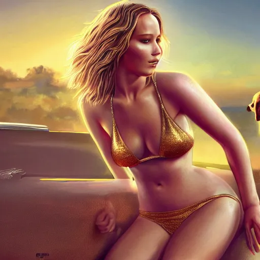 Image similar to highly detailed painting of jennifer lawrence wearing a bikini and a golden retriever, gta 5 cover art style, 8 k, radiant light, detailed and intricate environment, trending on artstation