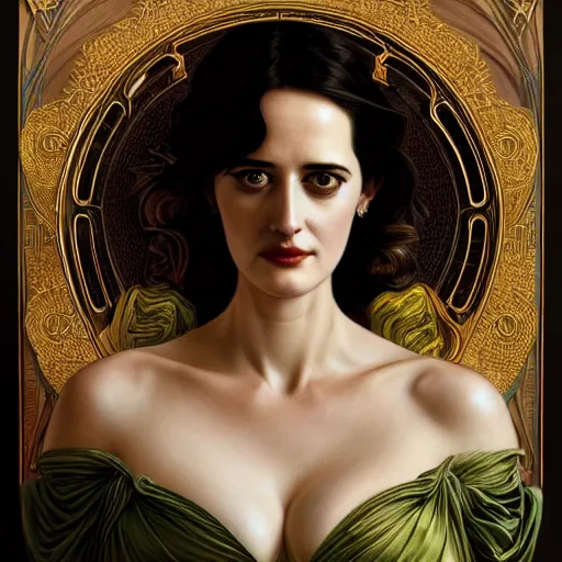 Prompt: beautiful detailed picture of eva green, fully clothed, radiant light, art nouveau, intricate, elegant, highly detailed, symmetrical face, my rendition, digital painting, artstation, concept art, smooth, sharp focus, illustration, art by artgerm and greg rutkowski and alphonse mucha