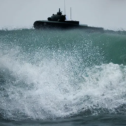 Image similar to a T-34 emerging from Ocean waves, hyperrealistic