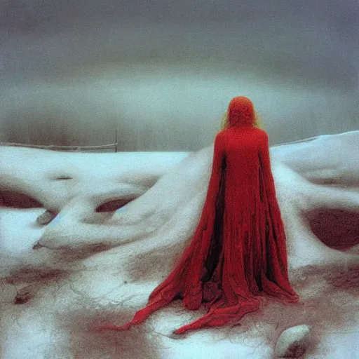 Prompt: a suureal painting of a lonely woman with pale skin and long red hair standing over a pile of bodies in post - apocalyptic snowy landscape, surrealism, by zdzislaw beksinski, by dariusz zawadzki, by john jude palencar