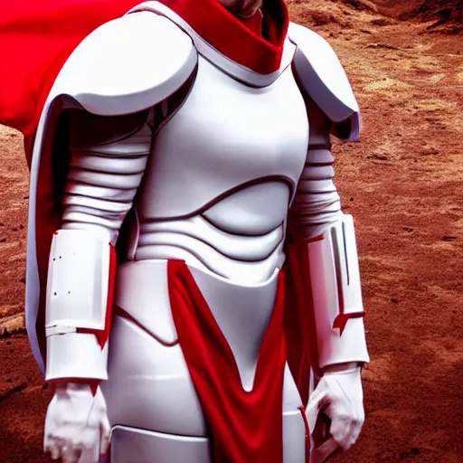 Image similar to portrait of a tall muscular infantry man in glossy sleek white armor with tiny red details and a long red cape, heroic posture, deermined expression, on the surface of mars, night time, dramatic lighting, cinematic, sci-fi, hyperrealistic, movie still