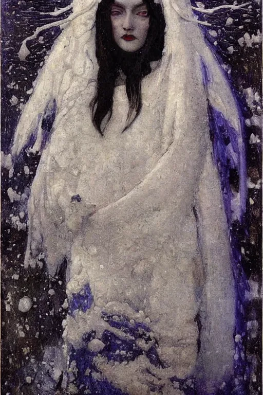 Image similar to goth queen of winter in the snow by Annie Swynnerton and Nicholas Roerich, strong dramatic cinematic lighting , ornate headdress , flowing robes, lost civilizations, smooth, sharp focus, extremely detailed