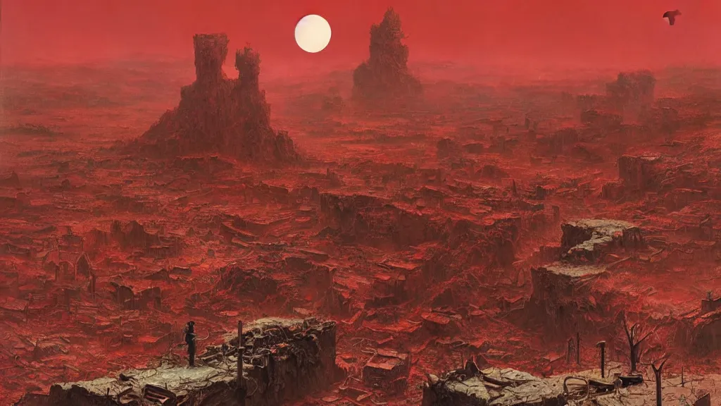 Image similar to a highly detailed landscape of a sole survivor sadly looking out over a post-apocalyptic ruined earth under a dim blood red moon, digital art by Benjamin Bardou, Zdzisław Beksiński , Ruan Jia,
