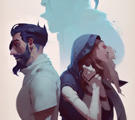 Prompt: portrait jayce and viktor, arcane, by atey ghailan, by greg rutkowski, by greg tocchini, by james gilleard, by joe fenton, by kaethe butcher, dynamic lighting, gradient light blue, brown, blonde cream and white color scheme, grunge aesthetic