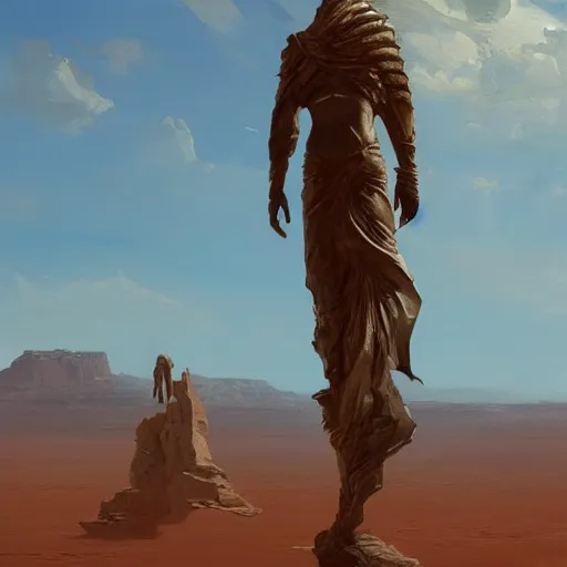 Prompt: Panorama view of a giant statue walking in a desert, oil painting, by Greg Rutkowski