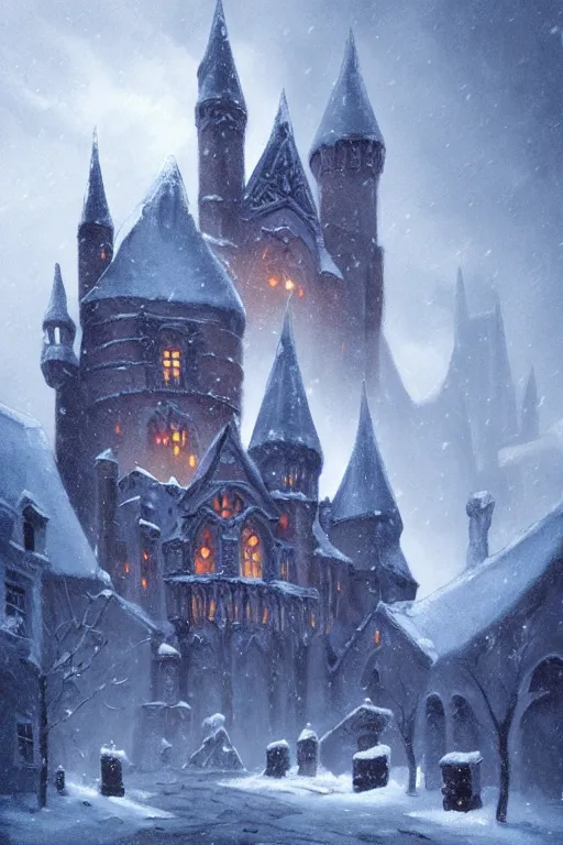 Prompt: a gothic castle in the snow, andreas rocha style