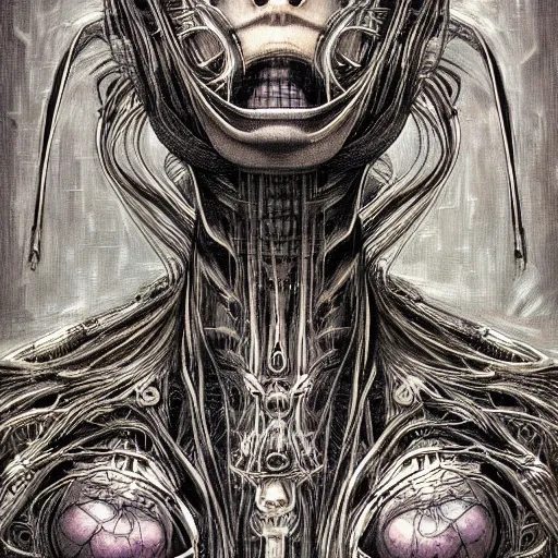 Image similar to organic android portrait by Yoshitaka Amano and HR Giger, very detailed, spooky, liminal