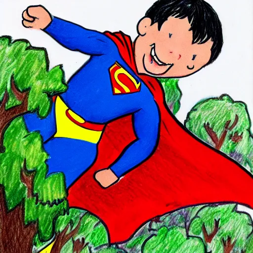 Prompt: children's drawing of superman rescuing a cat stuck in a tree.