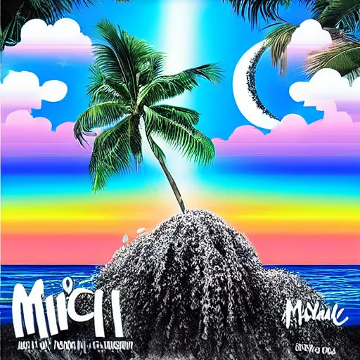 Image similar to miracle musical Hawaii part ii album cover, showing an ocean in the background, spiral transparent stairs on the left with tall palm trees behind it, a slight rainbow in the background, white outline border, moon in the right top area black and white except for the rainbow album cover