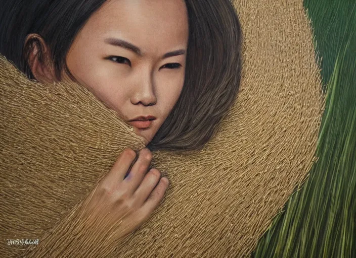 Image similar to realistic portrait photorealistic, background in the rice fields. woman in clothes made of rice straw. fine art, trending on artstation, smooth draw, sharp focus, good lighting, no anomalies.