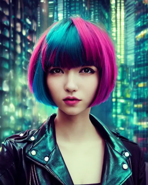 Prompt: Beautiful young Japanese girl with glowing teal hair bob haircut, bangs, leather jacket, cyberpunk city background, in the style of Anna Dittman, fashion photography