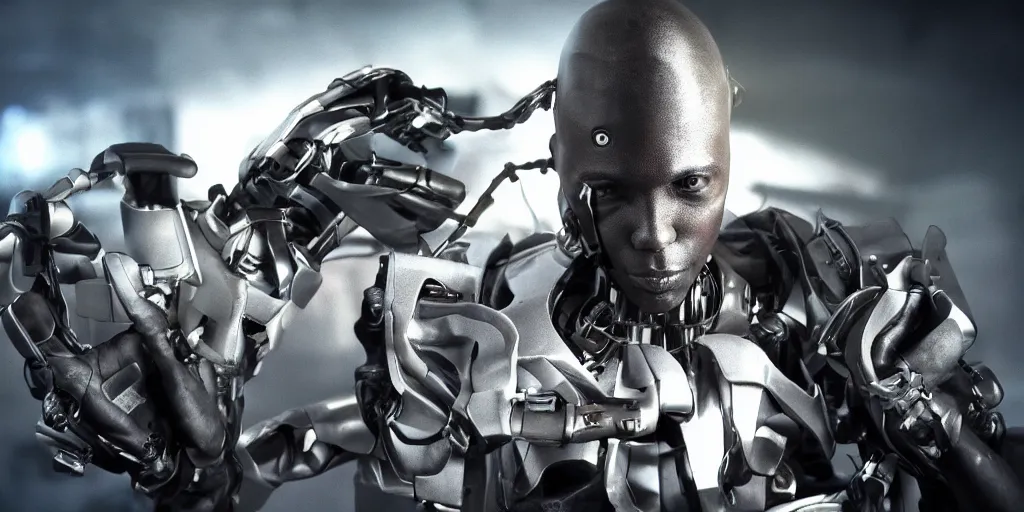 Image similar to a science fiction film still of a black man starring as a cyborg, award winning cgi, vfx, surrealism, film photography