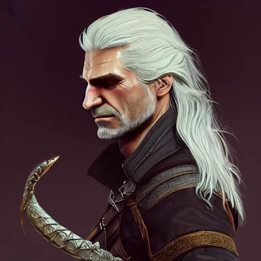 Image similar to dream Geralt of Rivia, golden eyes, silver hair, wolf pedant, 4k, artstation, cgsociety, award-winning, masterpiece, stunning, beautiful, glorious, powerful, fantasy art