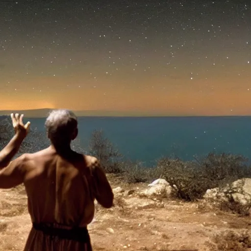 Prompt: film still of 80 year old stunned Mediterranean skinned man in ancient Canaanite looking up at the nightime sky, star filled background, Biblical epic movie