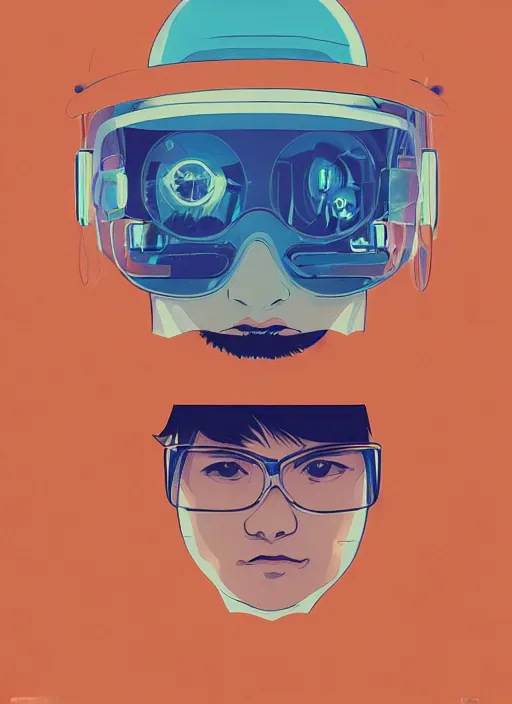 Prompt: a transparent glass movie poster portrait of a young explorer wearing a cyberpunk headpiece, risograph by kawase hasui, josan gonzalez, ghostshrimp, jean giraud, studio ghibli, moebius and edward hopper, colourful flat surreal design, super detailed, a lot of tiny details, fullshot, isometric angles, xray hd, 8 k, artstation