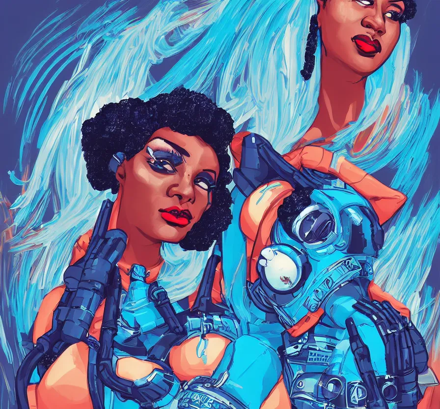 Prompt: dark skin woman with blue hair in the style of retro futurism sci fi pulp art, illustration, retro, vintage, afrofuturism