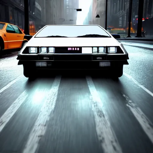 Image similar to hyperdetailed, photorealistic photograph of a dmc 1 2 delorean driving in the streets, rain, night, dense fog, hd, unreal engine 5