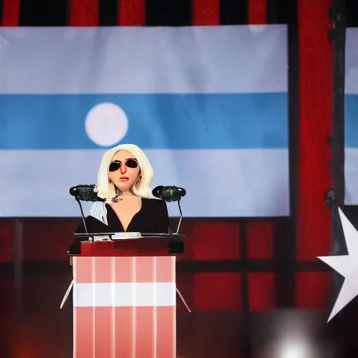 Prompt: Lady Gaga president of Argentina, Argentina flag behind, bokeh, detailed, hd, giving a speech