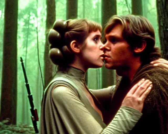 Image similar to luke skywalker, princess leia and han solo hugging and kissing in the forest of endor at the end of return of the jedi