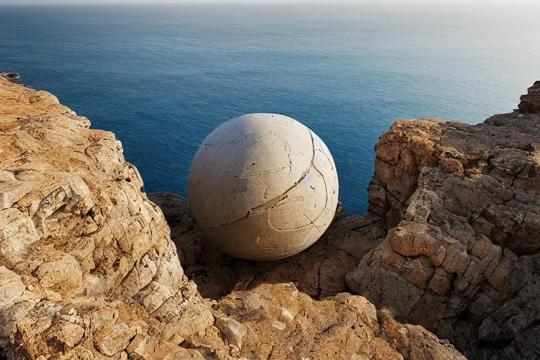 Image similar to photograph by michal karcz of a gigantic paleolothic sphere made of stone with highly detailed carvings by moebius of intricate shamanic robotic electronics and circuits, in a mediterranean lanscape, inside a valley overlooking the sea, mediterranean island scenery, mediterranean vista