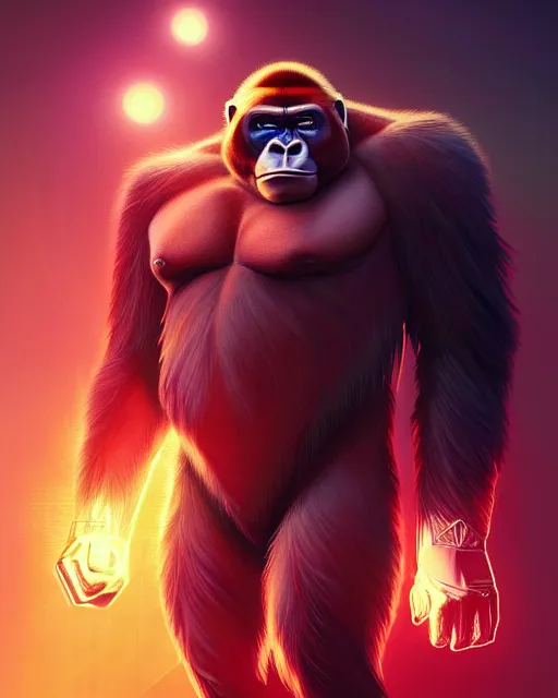 Prompt: gorilla bodied elon musk superhero, glam, power, glowing lights intricate, elegant, highly detailed, digital painting, artstation, concept art, smooth, sharp focus, illustration, art by artgerm and greg rutkowski and fra angelico and unreal engine 5